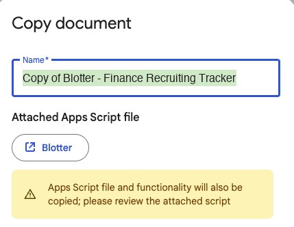 Google's Copy document box, with a yellow note saying an Apps Script file and functionality will also be copied.