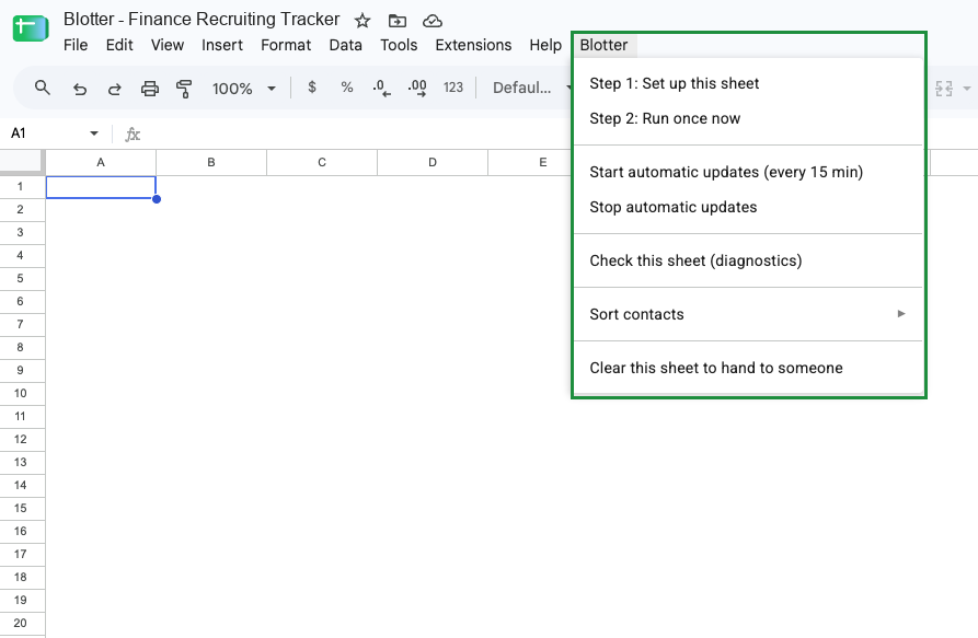 The Blotter menu open in Google Sheets, showing Step 1: Set up this sheet.
