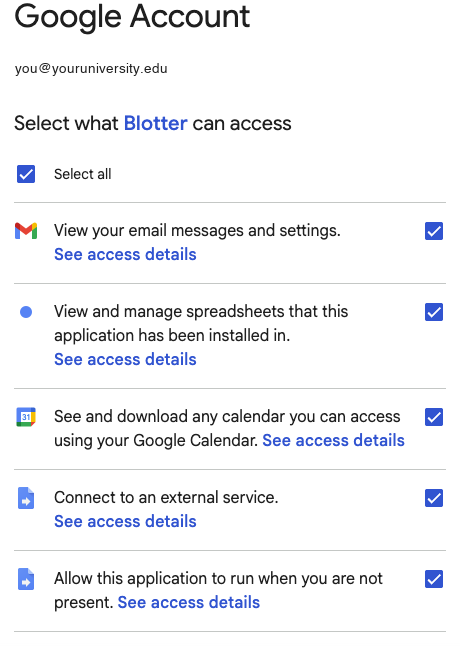 Google's consent screen on a university account, with all five permissions ticked.