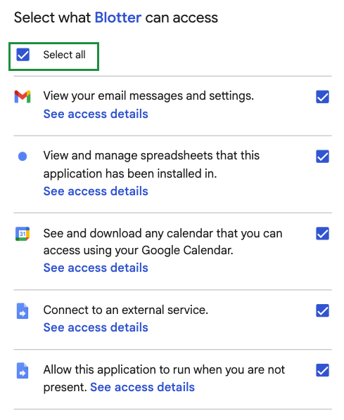 Google's permission screen with all five checkboxes ticked.