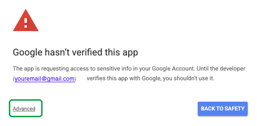 Google's unverified app warning, with the Advanced link at the bottom left outlined in green.